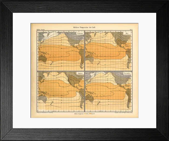 Framed Print : Mean Temperature of the Air Chart, Pacific Ocean, German Antique Victorian Engraving, 1896 Framed Print : Mean Temperature of the Air Chart, Pacific Ocean, German Antique Victorian Engraving, 1896