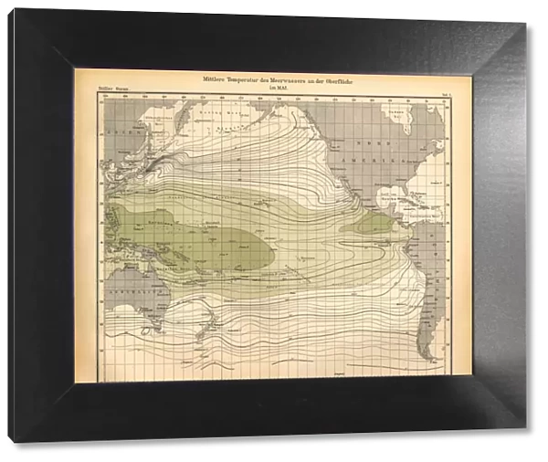 May Mean Temperature of Seawater at the Surface Chart, Pacific Ocean, German Antique Victorian Engraving, 1896