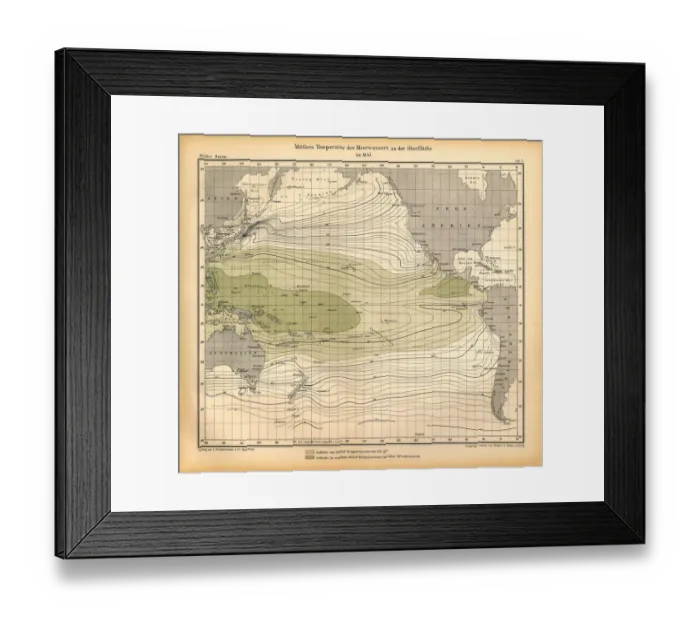 Framed Print : May Mean Temperature of Seawater at the Surface Chart, Pacific Ocean, German Antique Victorian Engraving, 1896