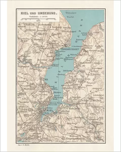 Map of Kiel, capital of Schleswig-Holstein, Germany, lithograph, published 1887