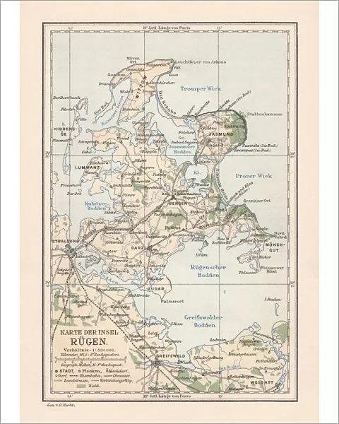 Map of RAOEgen, Baltic Sea, largest island of Germany, lithograph