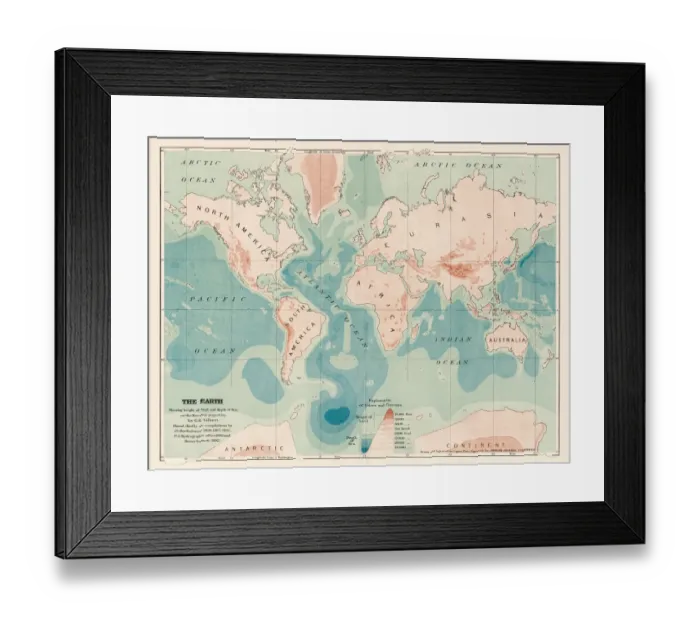 Framed Print : The earth deep and heights map 1893 Framed Print : The earth deep and heights map 1893