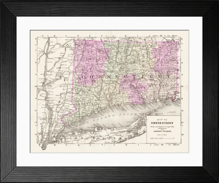 Framed Print : Connecticut map 1893 Framed Print : Connecticut map 1893