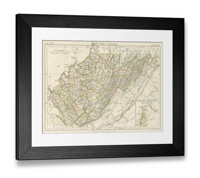 Framed Print : West Virginia map 1885 Framed Print : West Virginia map 1885