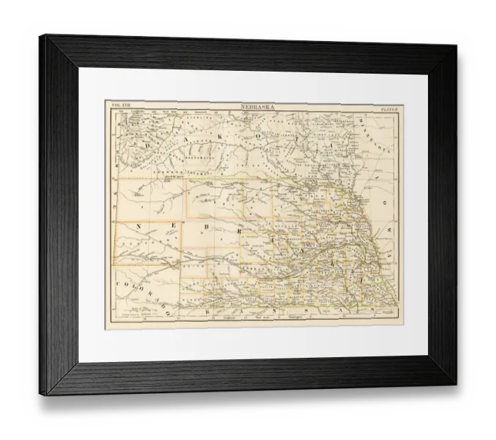 Framed Print : Nebraska map 1884 Framed Print : Nebraska map 1884