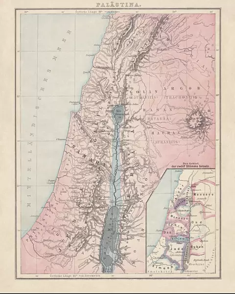 Historical map of Palestine with the twelve tribes of Israel