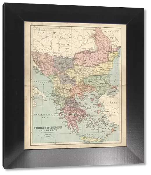 Antique map of Greece and Turkey in Europe 19th Century