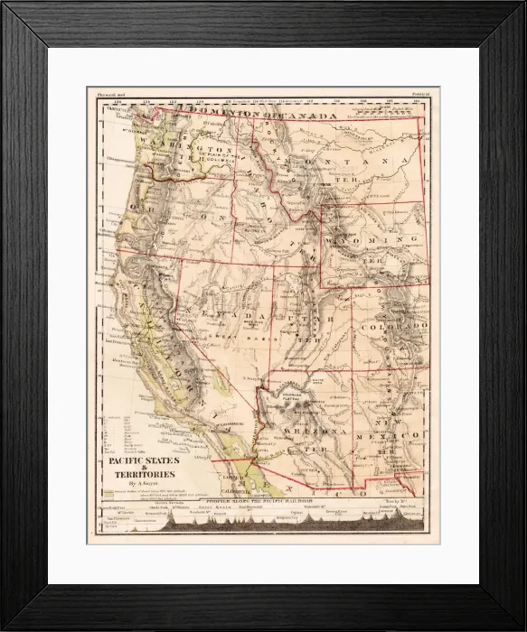 Framed Print : USA Pacific states map 1867 Framed Print : USA Pacific states map 1867