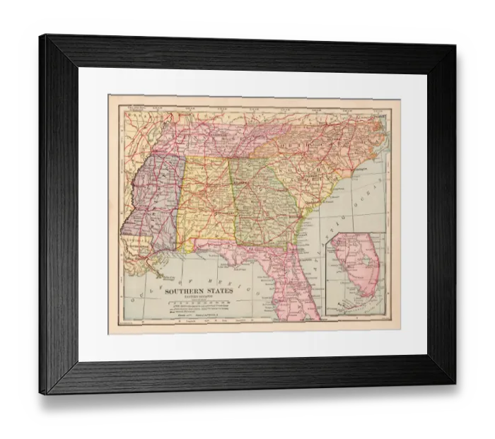 Framed Print : Southern states map 1898 Framed Print : Southern states map 1898