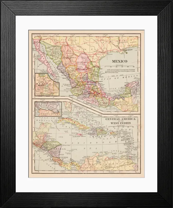 Framed Print : Map of Mexico Caribbean Central America 1898 Framed Print : Map of Mexico Caribbean Central America 1898