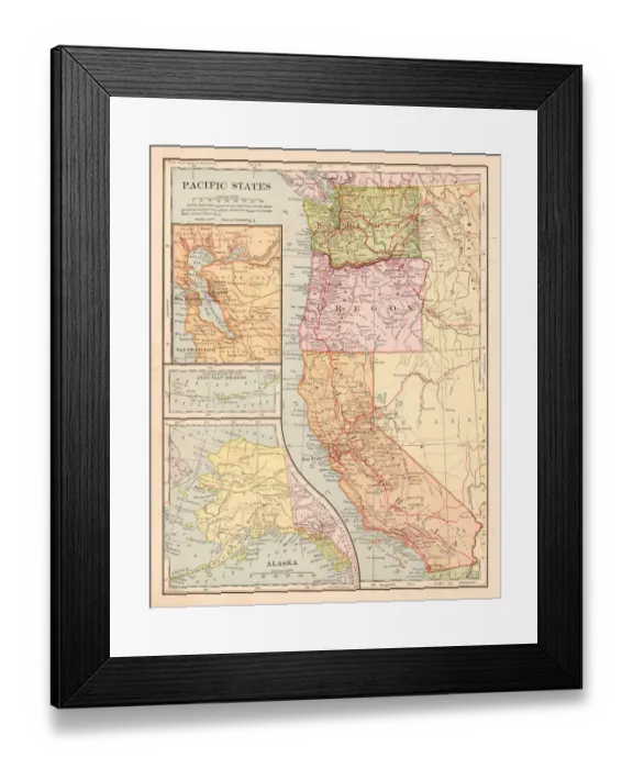 Framed Print : Pacific states map 1898 Framed Print : Pacific states map 1898