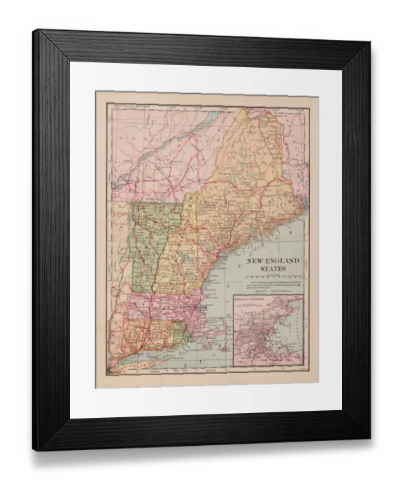 Framed Print : New England states map 1898 Framed Print : New England states map 1898