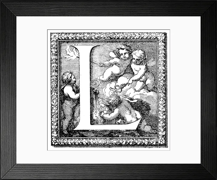 Framed Print : Antique illustration of ornate letter L, with four little angels Framed Print : Antique illustration of ornate letter L, with four little angels