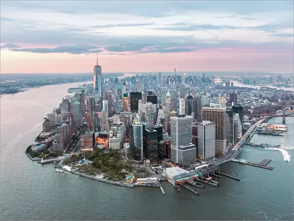 Aerial of lower Manhattan at sunset, New York, USA