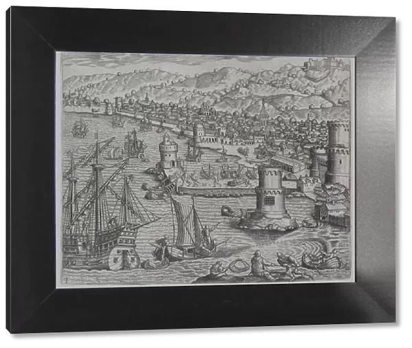 adults, antique, archival, bay, boat, busy, depicting, engraving, harbor, hills, historic