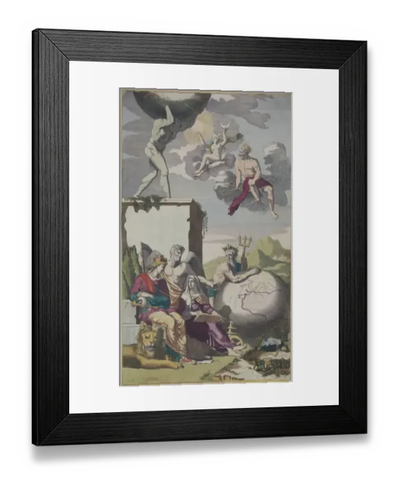 Framed Print : animal likeness, antique, art, clouds, deities, depicting, engraving, figures, geography