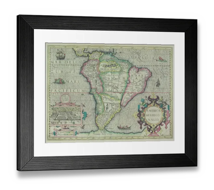 Framed Print : america meridionalis, animals, antique, archival, boat, border, cartography, cartouche Framed Print : america meridionalis, animals, antique, archival, boat, border, cartography, cartouche