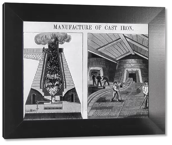 Cast Iron. Manufacture of cast iron showing the blast furnace and men at work in a foundry