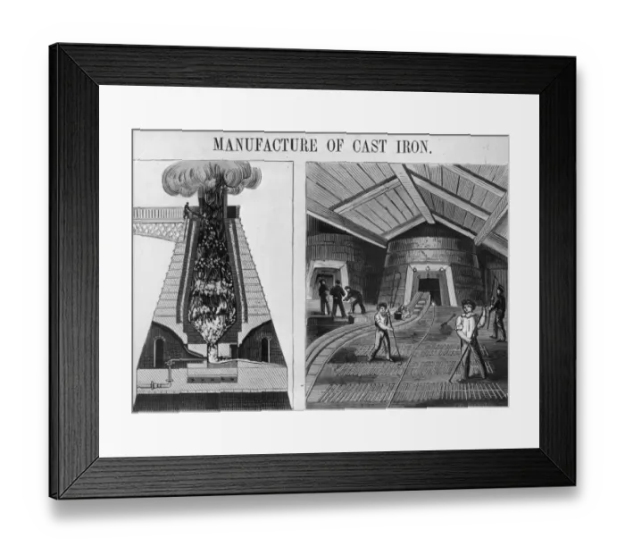 Framed Print : Cast Iron. Manufacture of cast iron showing the blast furnace and men at work in a foundry Framed Print : Cast Iron. Manufacture of cast iron showing the blast furnace and men at work in a foundry