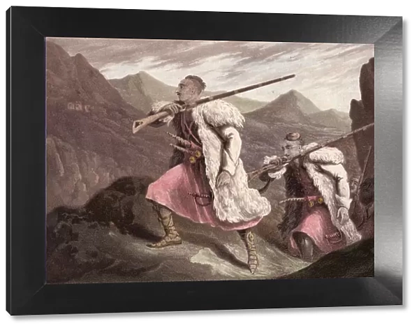 Palikars. 1830: Albanian palikars in pursuit of an enemy wear long-haired