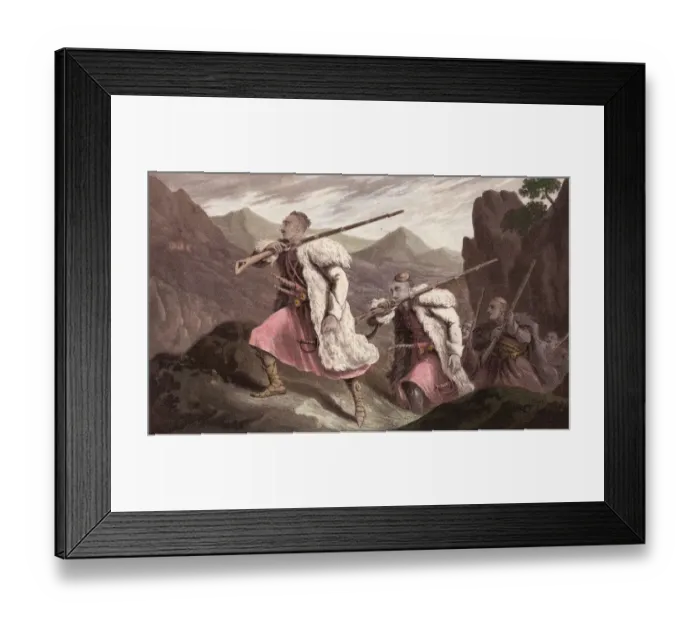 Framed Print : Palikars. 1830: Albanian palikars in pursuit of an enemy wear long-haired Framed Print : Palikars. 1830: Albanian palikars in pursuit of an enemy wear long-haired