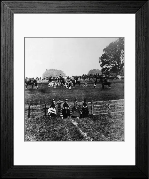 Framed Print : Fox Hunt. 1868: A fox hunting party gathered in a field Framed Print : Fox Hunt. 1868: A fox hunting party gathered in a field