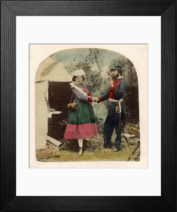 Framed Print : War Life. circa 1855: A French soldier drinking with a vivandier Framed Print : War Life. circa 1855: A French soldier drinking with a vivandier