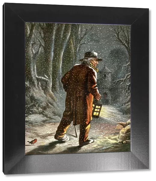 Victorian man walking through snowy woodland with a lantern