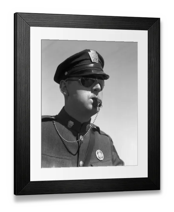 Framed Print : Highway Patrolman In Uniform And Sunglasses Blowing His Whistle Without Use Of His Hands Badge Cap Chain Keystone Framed Print : Highway Patrolman In Uniform And Sunglasses Blowing His Whistle Without Use Of His Hands Badge Cap Chain Keystone