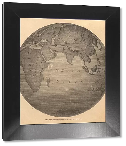 Old, Black and White Illustration of Eastern Hemisphere, From 1800 s