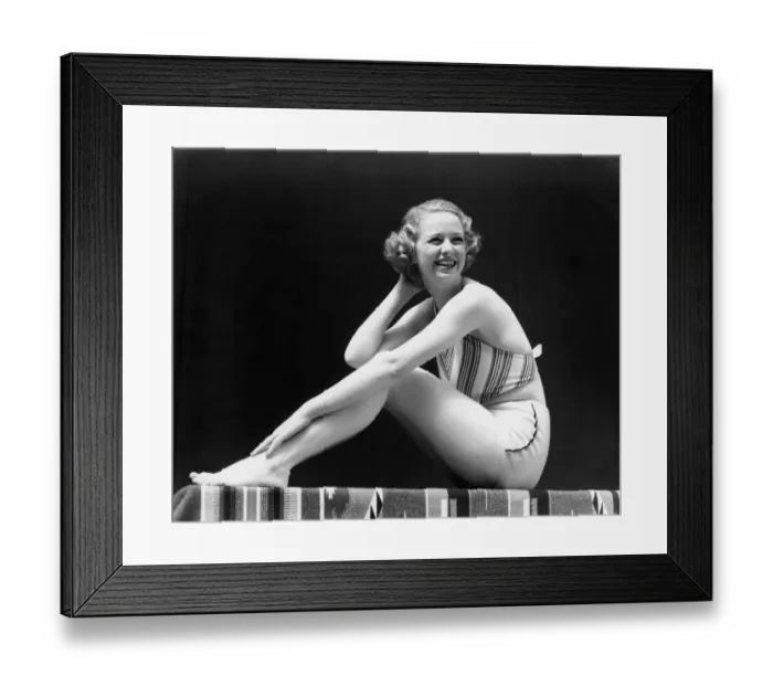 Framed Print : Smiling Blonde Woman Wearing 2 Piece Bathing Suit Striped Halter Top Sitting Full Figure Profile Posing Pose Bench Indian Blanket Retro Framed Print : Smiling Blonde Woman Wearing 2 Piece Bathing Suit Striped Halter Top Sitting Full Figure Profile Posing Pose Bench Indian Blanket Retro