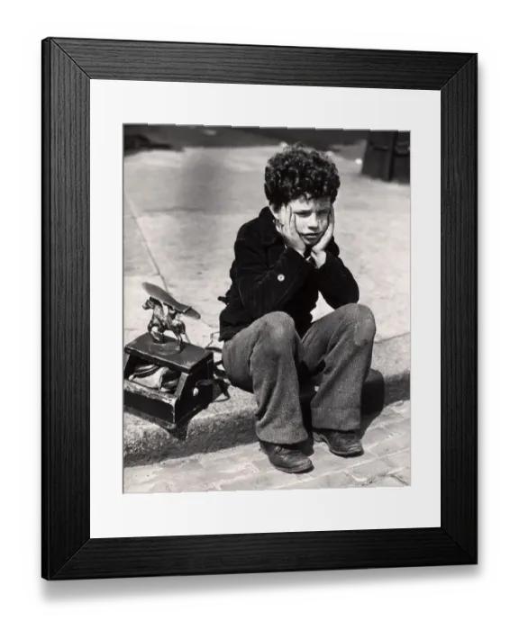 Framed Print : Sad Boy, Curly Hair Sitting On Curb Patched Trousers Shoeshine Kit Work Working Worker Shoe Shine Poor Poverty Depression Rrr Retro Framed Print : Sad Boy, Curly Hair Sitting On Curb Patched Trousers Shoeshine Kit Work Working Worker Shoe Shine Poor Poverty Depression Rrr Retro