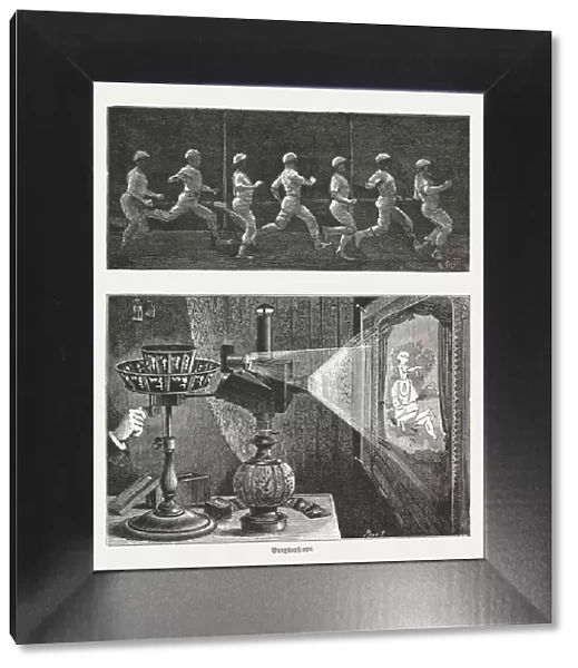 Chronophotograph (running man) a and Praxinoscope, wood engravings, published 1888