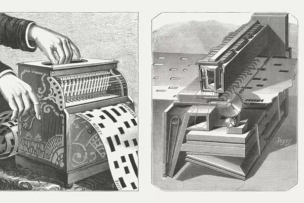 American barrel organ with inside mechanism, wood engravings, published 1888