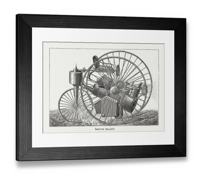 Framed Print : American Steam Velocipede, three-wheeler by Sauerbronn-Davis, wood engraving, published 1888 Framed Print : American Steam Velocipede, three-wheeler by Sauerbronn-Davis, wood engraving, published 1888