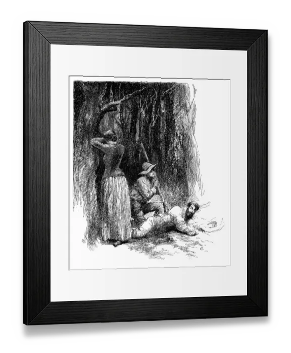Framed Print : Hunters with woman resting in the forest Framed Print : Hunters with woman resting in the forest