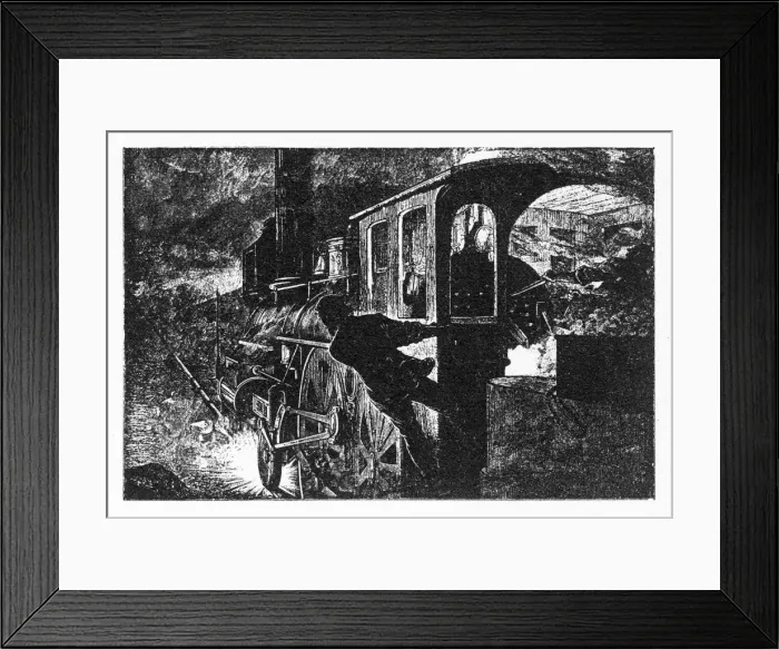 Framed Print : Train Locomotive Braking on Tracks, Early American Engraving, 1877 Framed Print : Train Locomotive Braking on Tracks, Early American Engraving, 1877