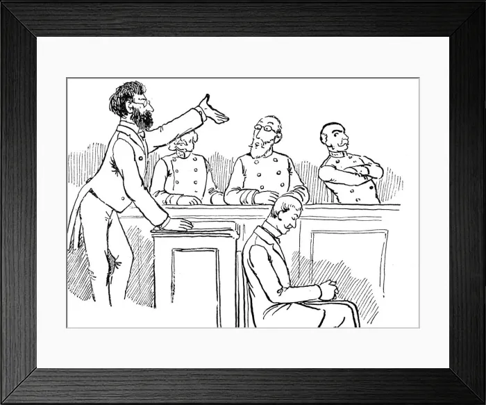 Framed Print : Lawyer stands before the judge and talks to him, his client sits aside of him, depressed Framed Print : Lawyer stands before the judge and talks to him, his client sits aside of him, depressed