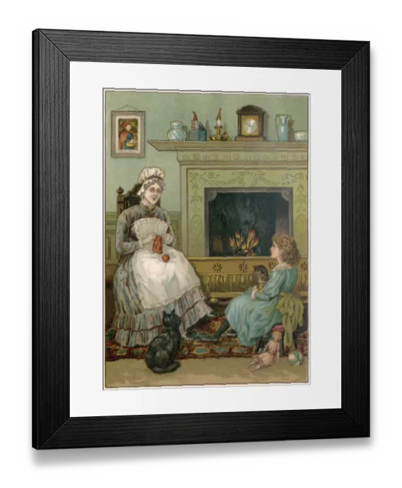 Framed Print : Little Victorian girl sitting beside the nursery fire with her nurse and cats Framed Print : Little Victorian girl sitting beside the nursery fire with her nurse and cats