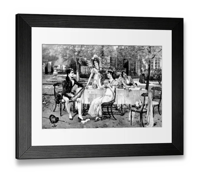 Framed Print : Young man sitting at restaurant table outdoor flirting with 4 young women Framed Print : Young man sitting at restaurant table outdoor flirting with 4 young women