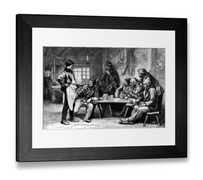 Framed Print : Men sitting at table in restaurant, talking and drinking Framed Print : Men sitting at table in restaurant, talking and drinking