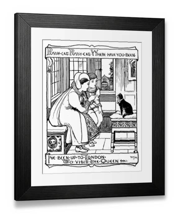 Framed Print : Antique children book illustrations: People and cat Framed Print : Antique children book illustrations: People and cat