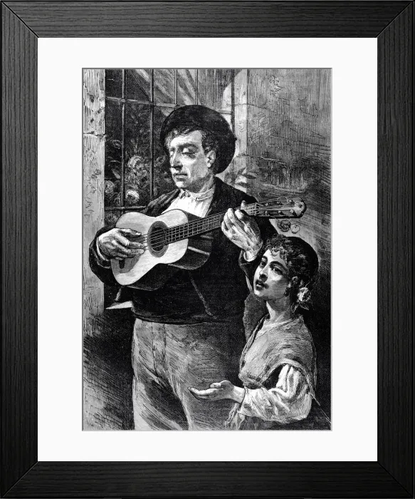 Framed Print : Girl stands with a blind street singer and asks for donations Framed Print : Girl stands with a blind street singer and asks for donations