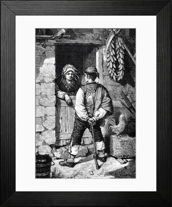 Framed Print : Young man talking to a young woman at the door, Spain
