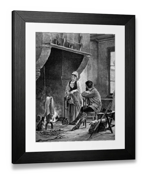 Framed Print : A couple talking at the warm fireplace Framed Print : A couple talking at the warm fireplace