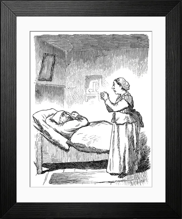 Framed Print : Woman in sleeping room, talking to her husband in bed Framed Print : Woman in sleeping room, talking to her husband in bed