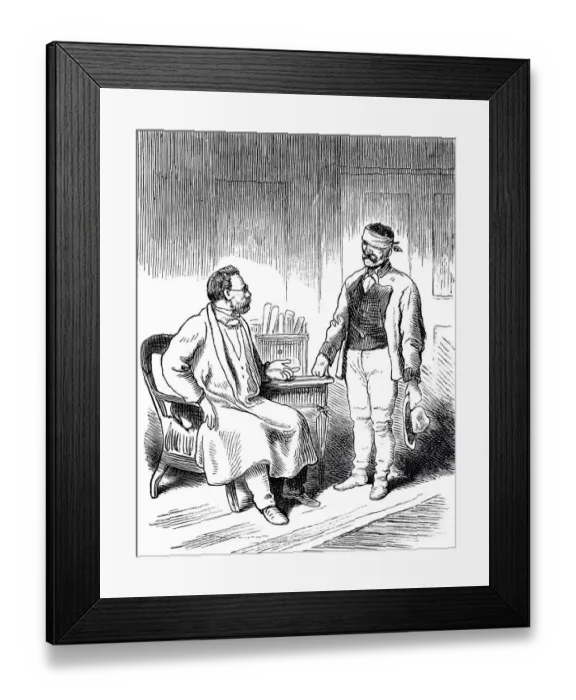 Framed Print : Doctor speaks to a patient with blindfold Framed Print : Doctor speaks to a patient with blindfold
