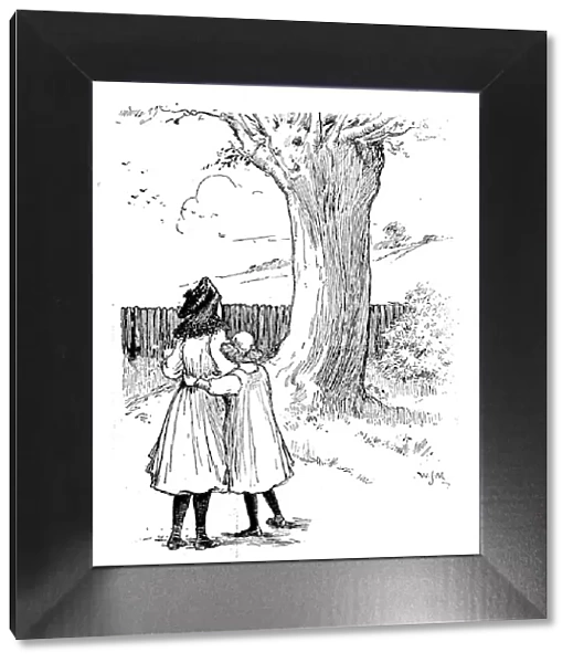 Antique children book illustrations: Girls and tree