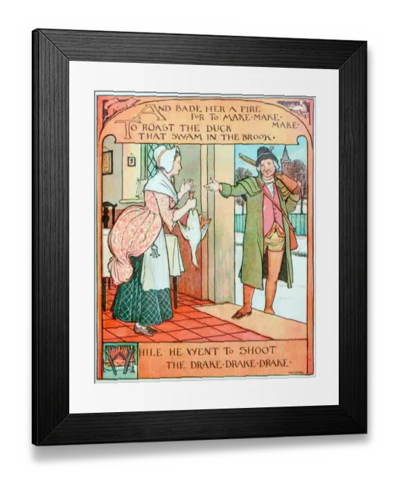 Framed Print : Antique children book illustrations: Hunter giving duck to wife