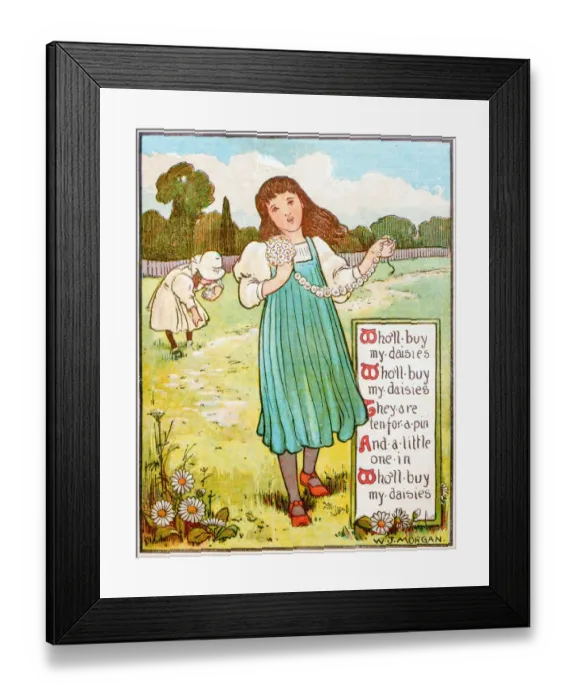 Framed Print : Antique children book illustrations: Girl with flowers Framed Print : Antique children book illustrations: Girl with flowers